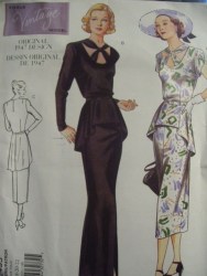 2495 VOGUE RETRO 1947 SHORT - LONG SLEEVE PEPLUM DRESS, BELT PATTERN 12-16